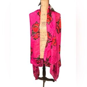 Hot Pink Rose Print Sheer Scarf Wrap Shawl 60x40 Boho Floral